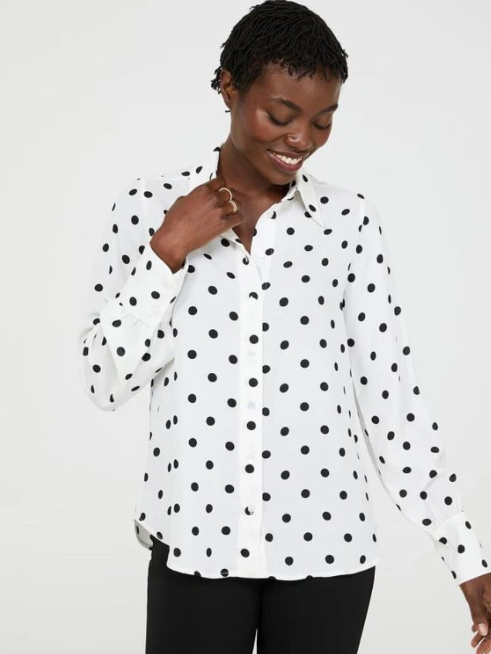 BLACK AND WHITE POLKA DOT SHIRT, NEW WITH TAGS, SZ. L